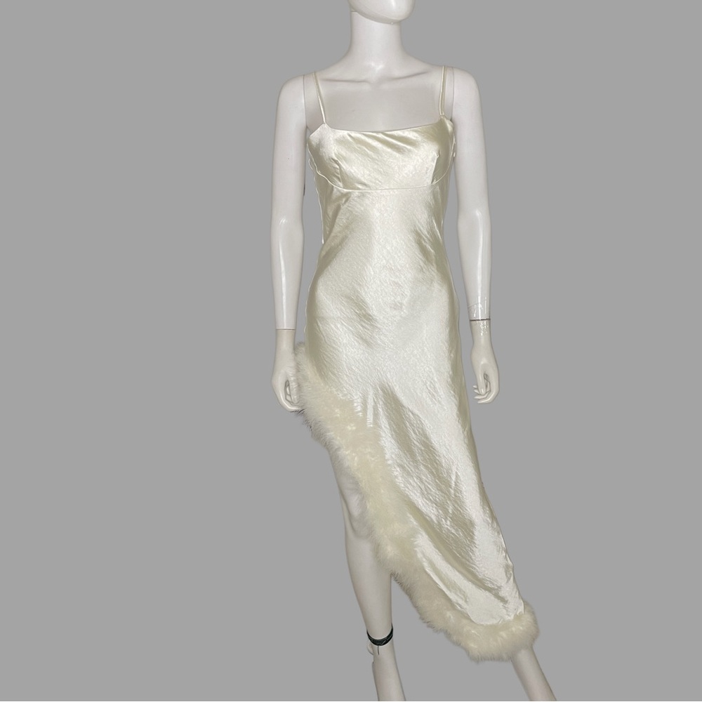 Cream Asymmetrical Satin Spaghetti‎ Strap Dress with Faux Fur Detail